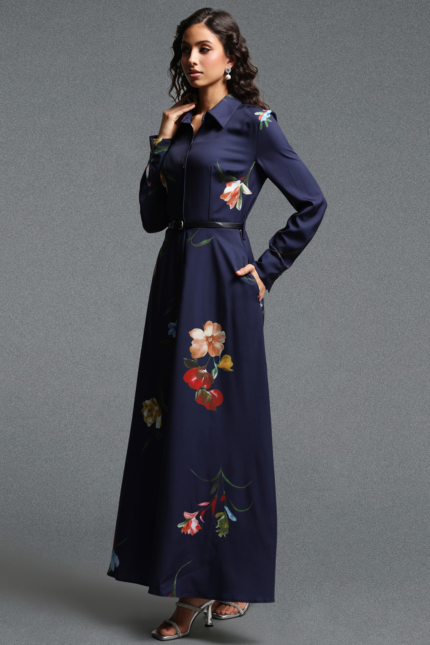 Salla Vintage Flowy Long Sleeve Floral Print Woven Maxi Dress