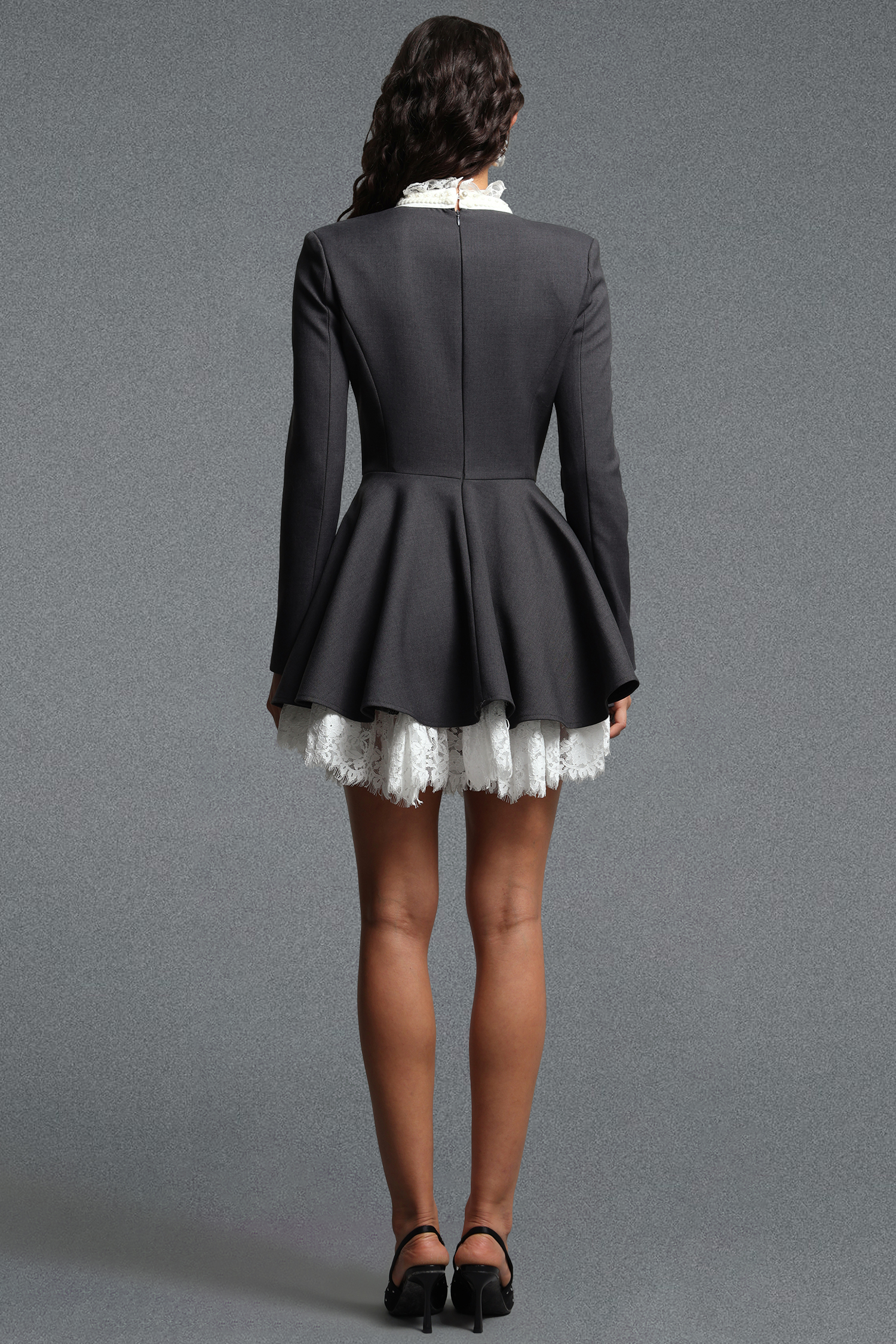 Kisa Chic Tailored Long Sleeve Bow Lace Trimmed Woven Mini Dress