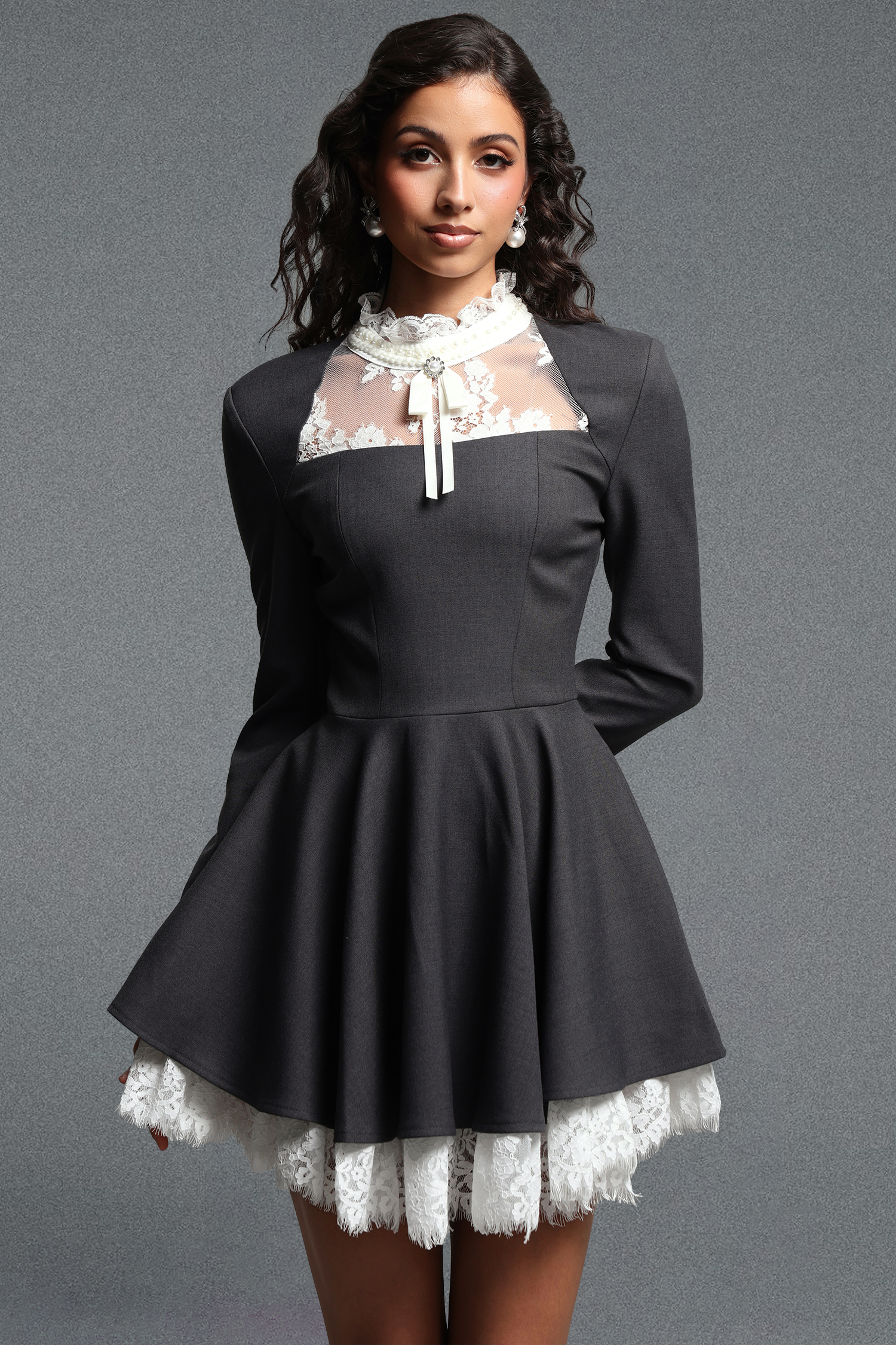 Kisa Chic Tailored Long Sleeve Bow Lace Trimmed Woven Mini Dress