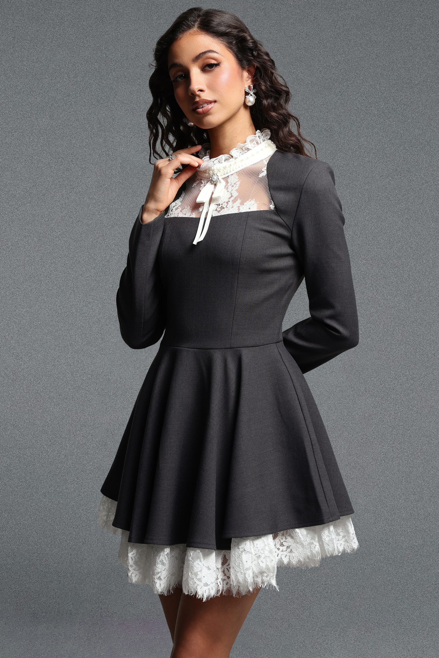 Kisa Chic Tailored Long Sleeve Bow Lace Trimmed Woven Mini Dress
