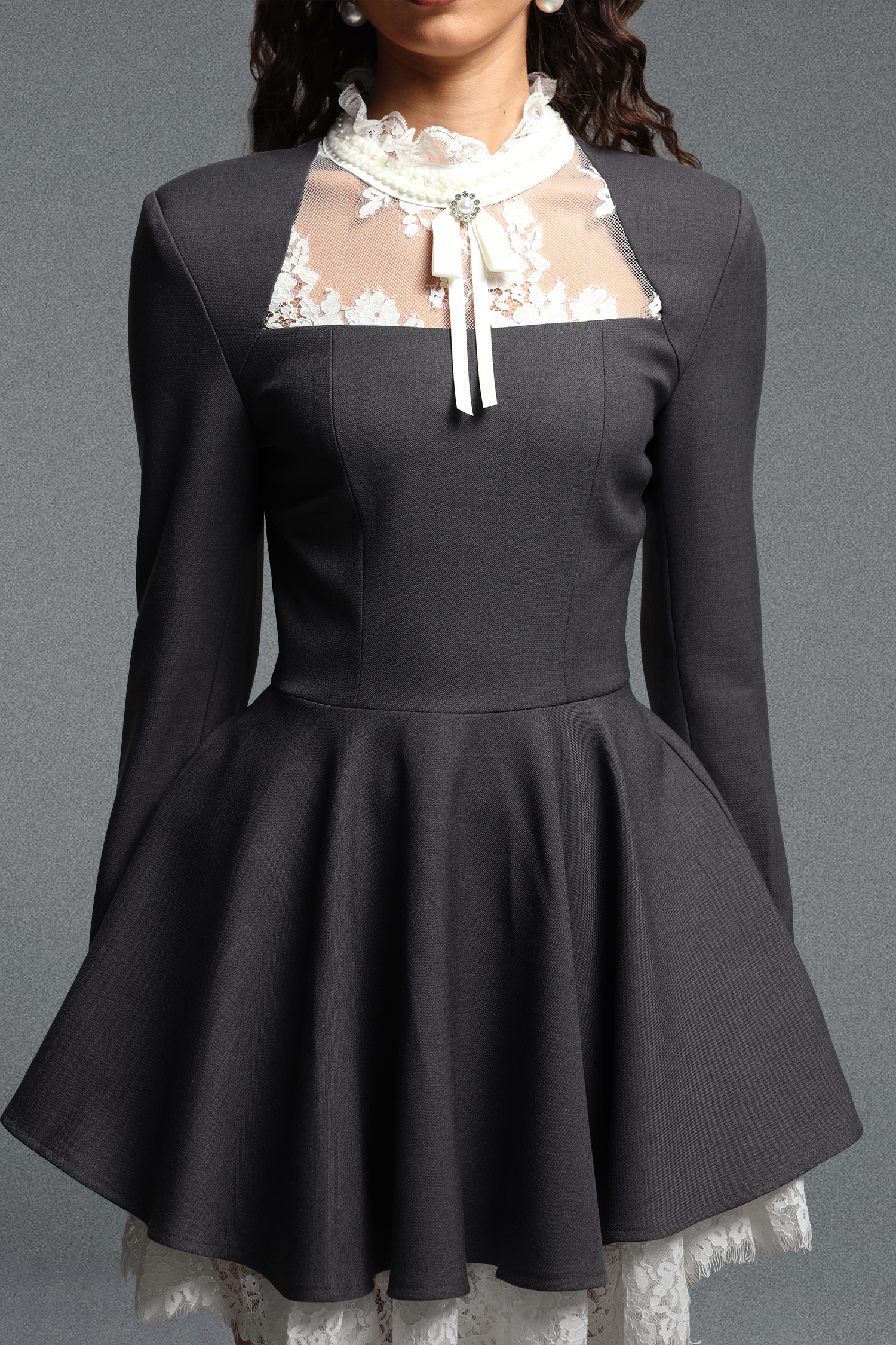 Kisa Chic Tailored Long Sleeve Bow Lace Trimmed Woven Mini Dress