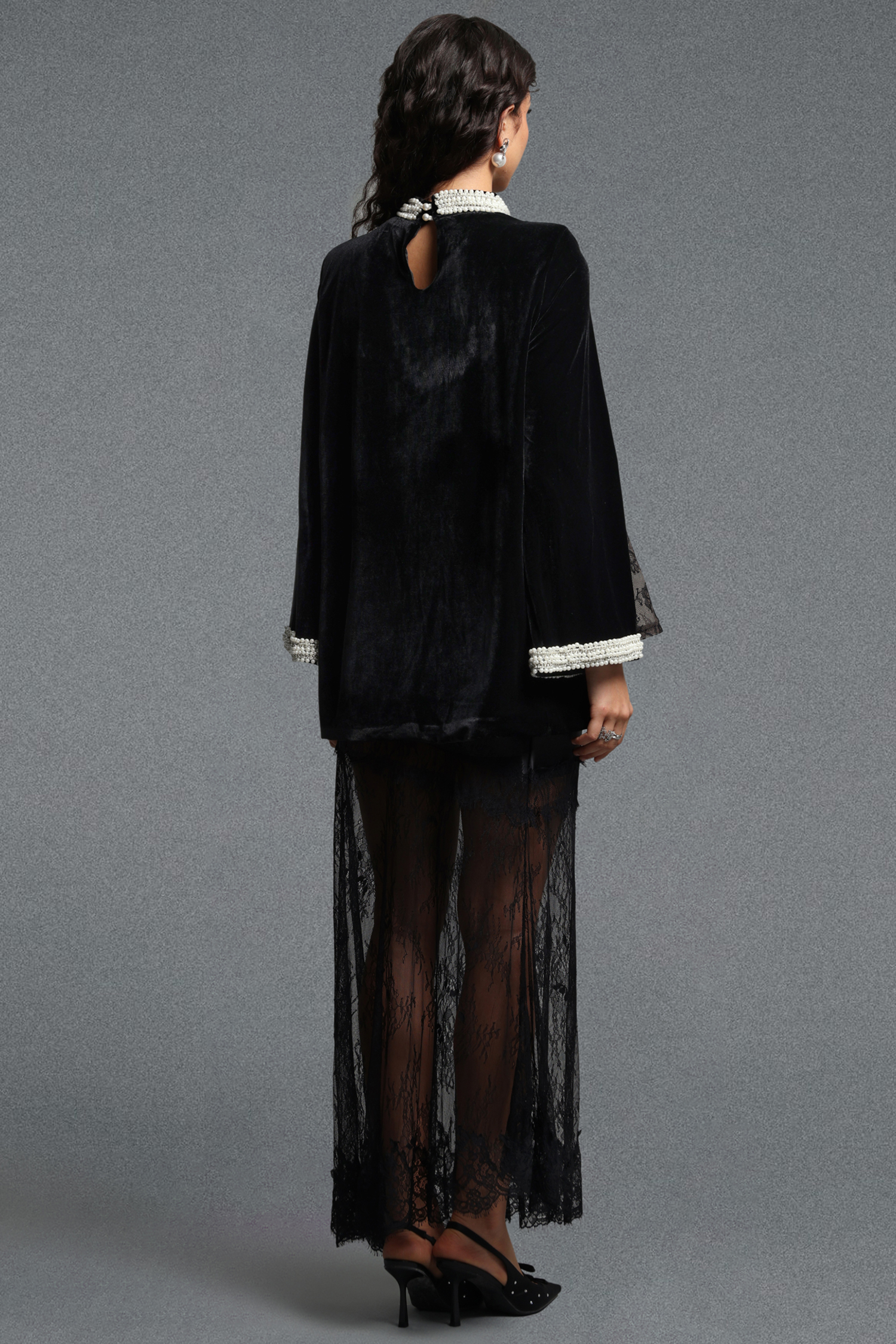 Lilya Vintage Tailored Long Sleeve Pearl Chain Lace Trimmed Longline Top
