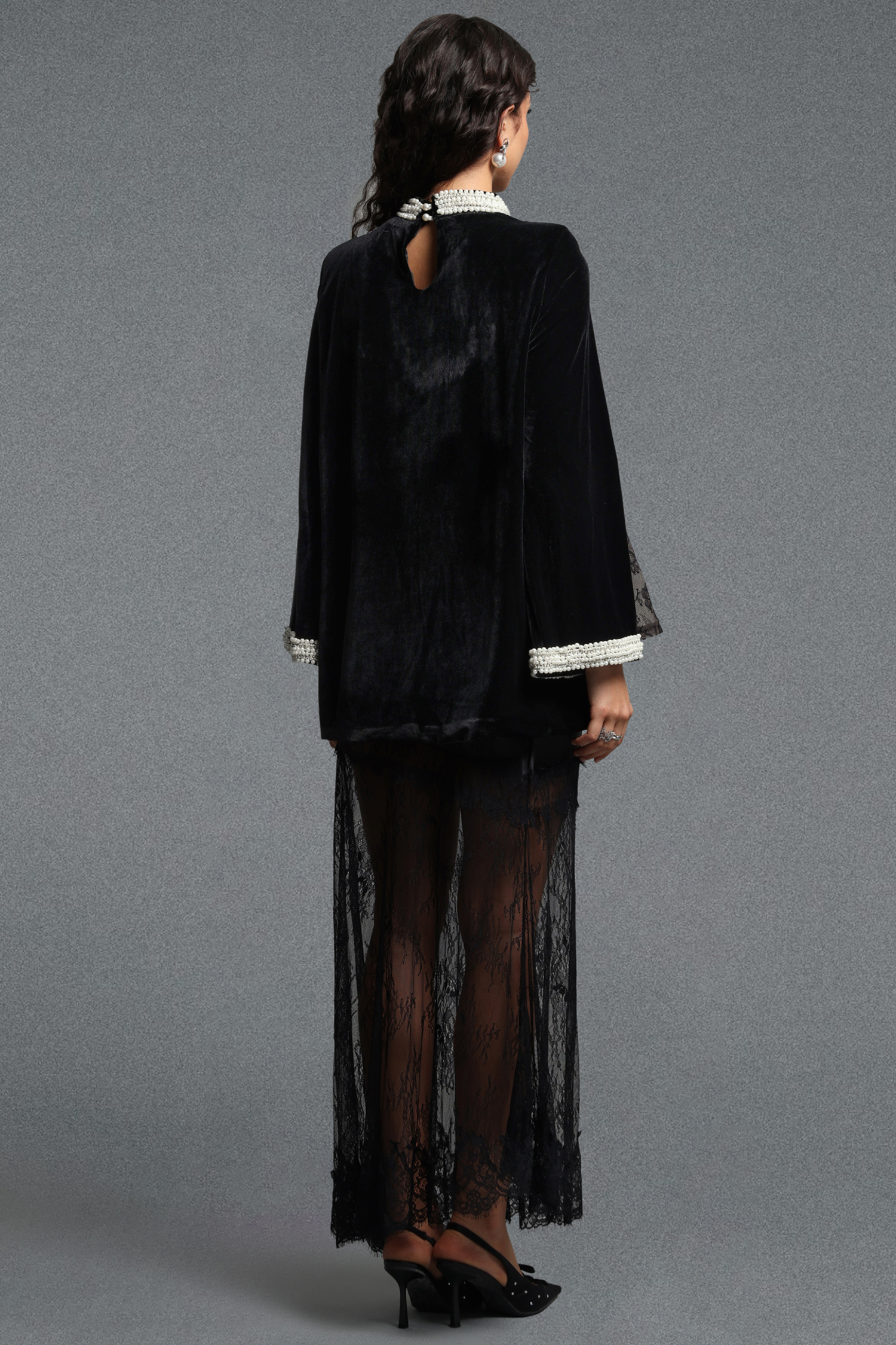 Lilya Vintage Tailored Long Sleeve Pearl Chain Lace Trimmed Longline Top