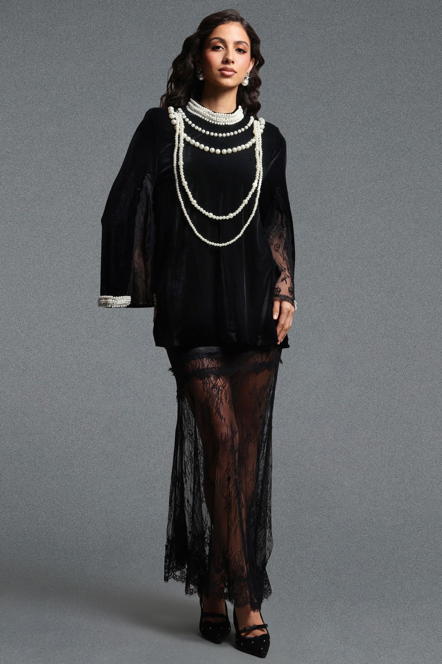 Lilya Vintage Tailored Long Sleeve Pearl Chain Lace Trimmed Longline Top