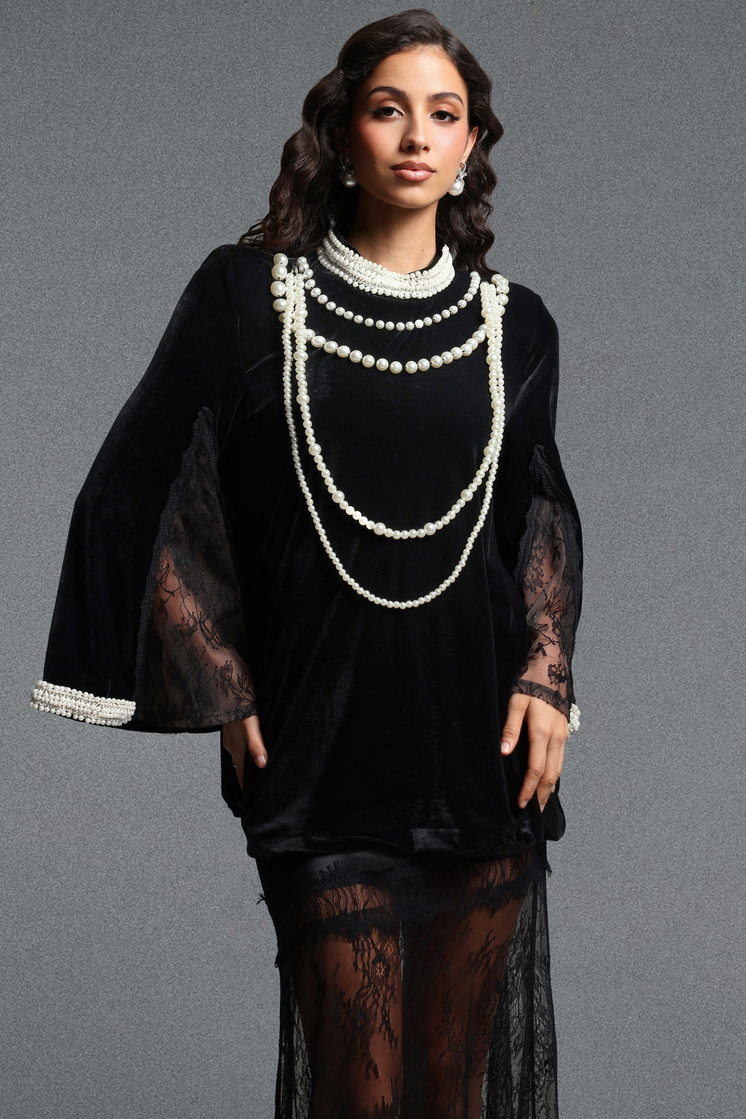 Lilya Vintage Tailored Long Sleeve Pearl Chain Lace Trimmed Longline Top