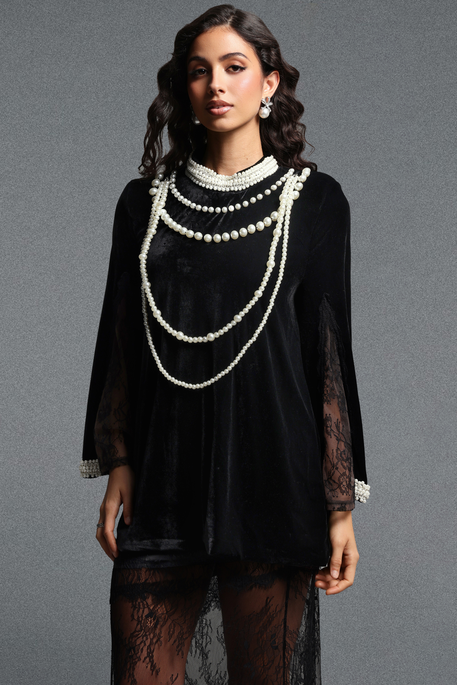 Lilya Vintage Tailored Long Sleeve Pearl Chain Lace Trimmed Longline Top