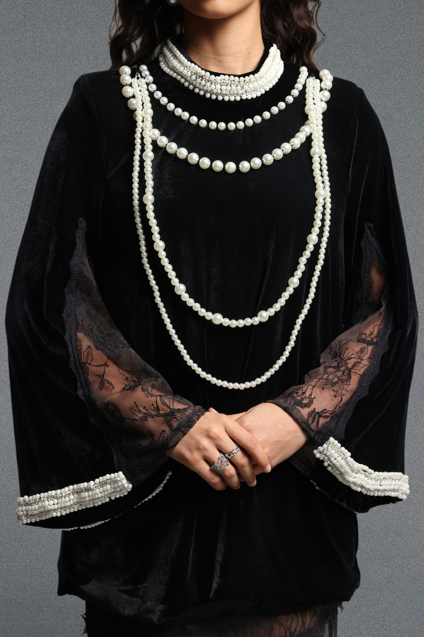 Lilya Vintage Tailored Long Sleeve Pearl Chain Lace Trimmed Longline Top