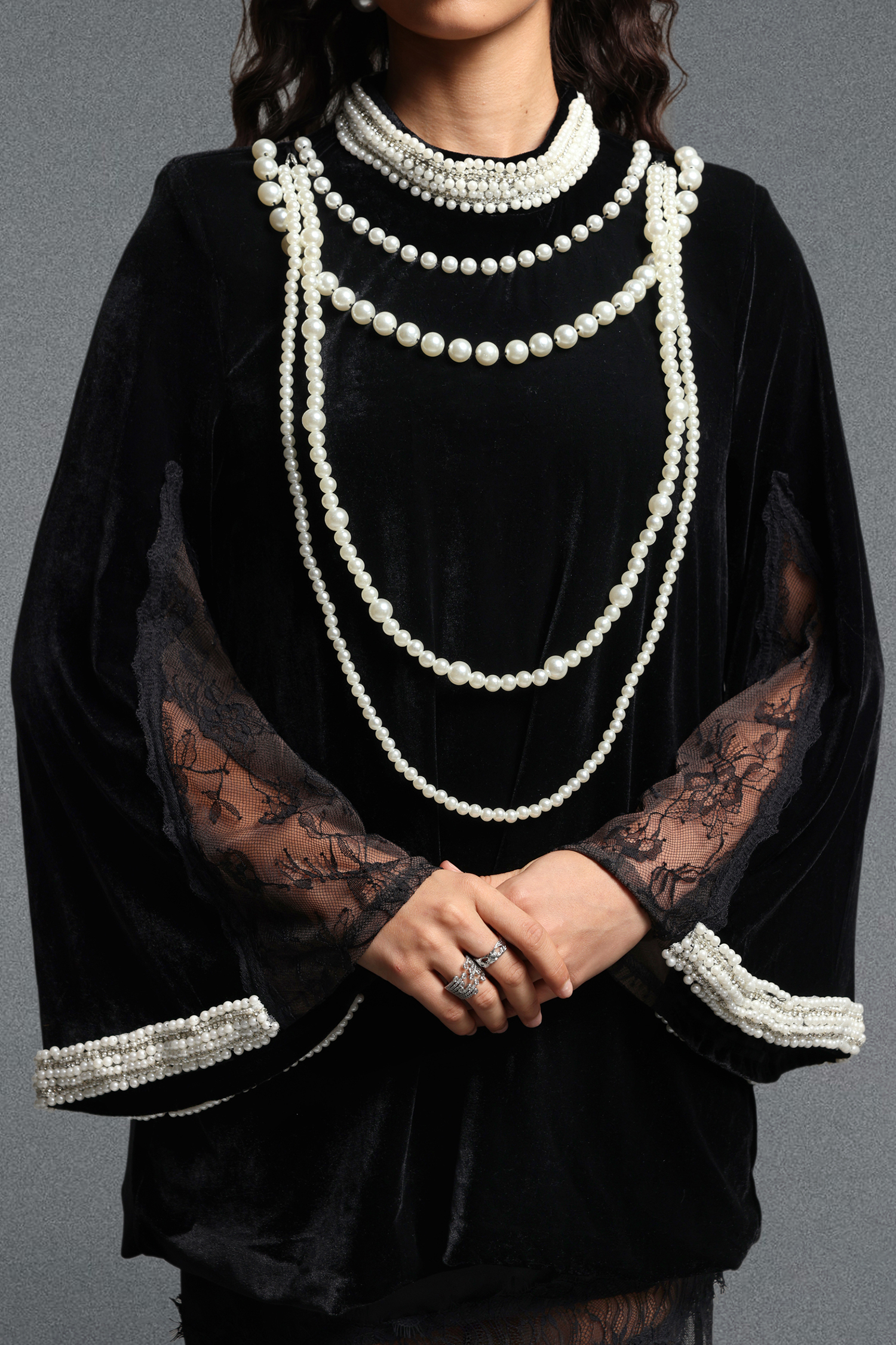Lilya Vintage Tailored Long Sleeve Pearl Chain Lace Trimmed Longline Top