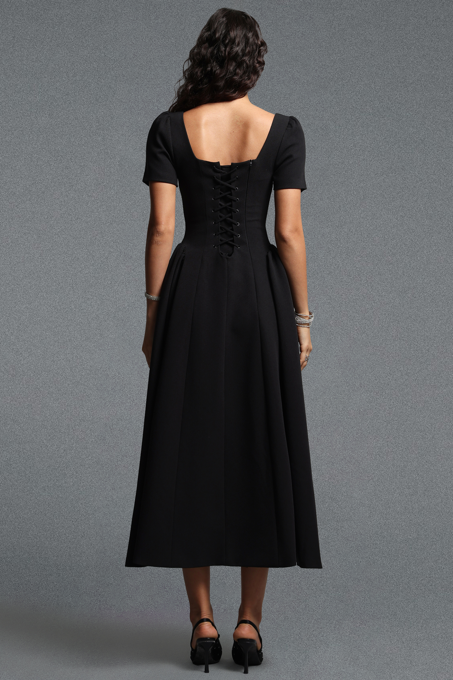 Verza Elegant Tailored Short Sleeve Rhinestone Woven Black Maxi Dress