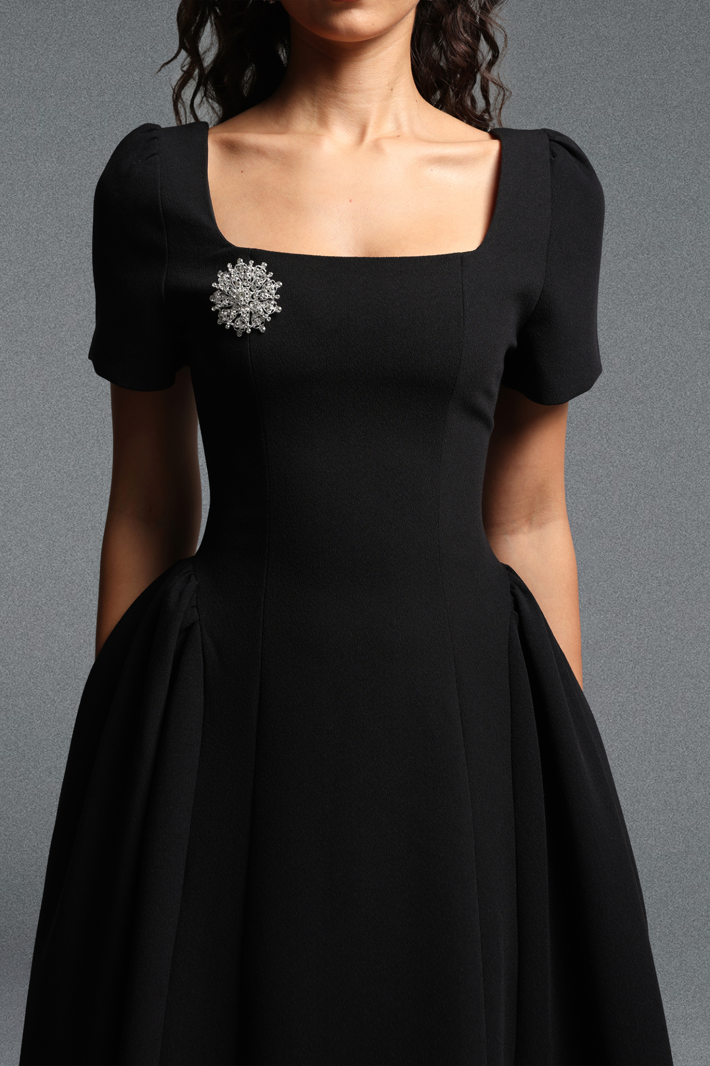 Verza Elegant Tailored Short Sleeve Rhinestone Woven Black Maxi Dress