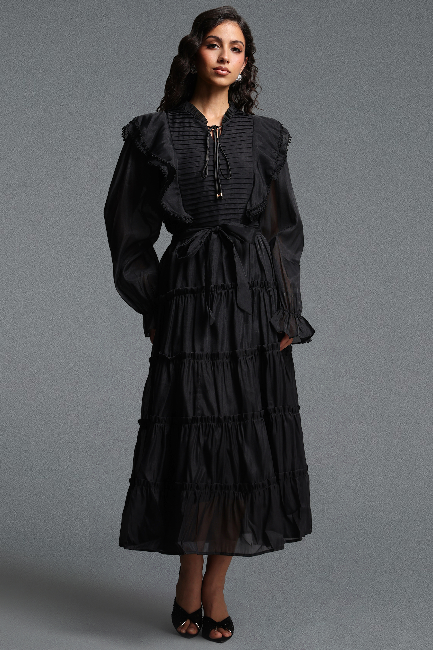 Molia Romantic Flowy Long Sleeve Ruffle Woven Maxi Dress