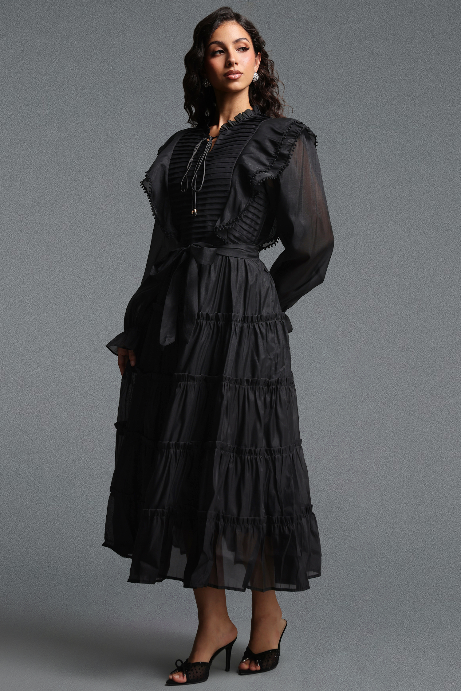 Molia Romantic Flowy Long Sleeve Ruffle Woven Maxi Dress