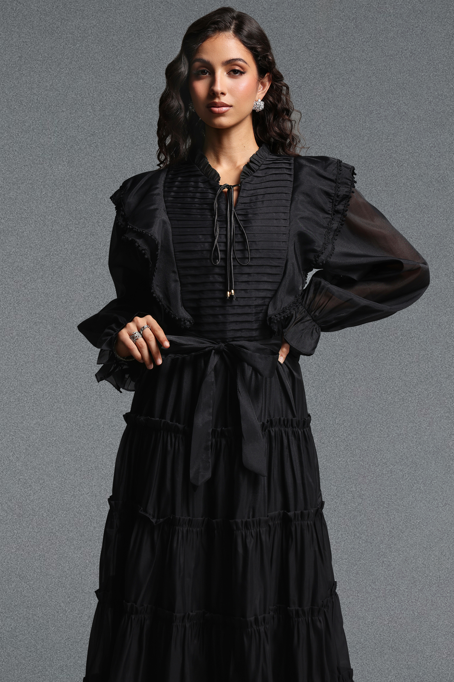 Molia Romantic Flowy Long Sleeve Ruffle Woven Maxi Dress