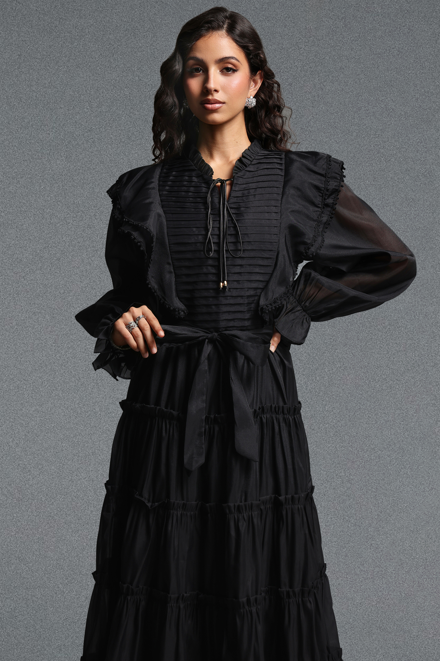 Molia Romantic Flowy Long Sleeve Ruffle Woven Maxi Dress