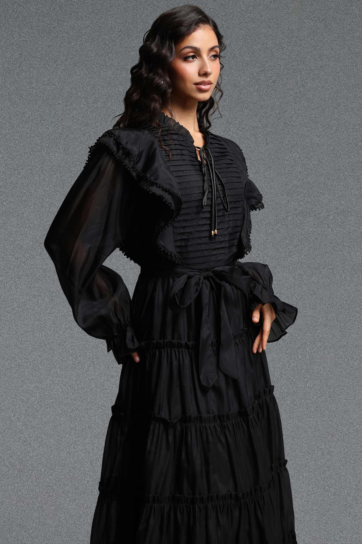 Molia Romantic Flowy Long Sleeve Ruffle Woven Maxi Dress