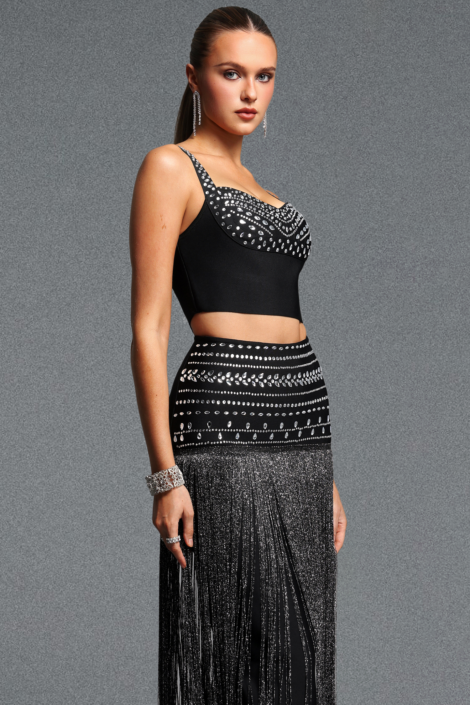 Lucy Stylish Rhinestone Top Tassel Midi Skirt Bandage Two Piece Set