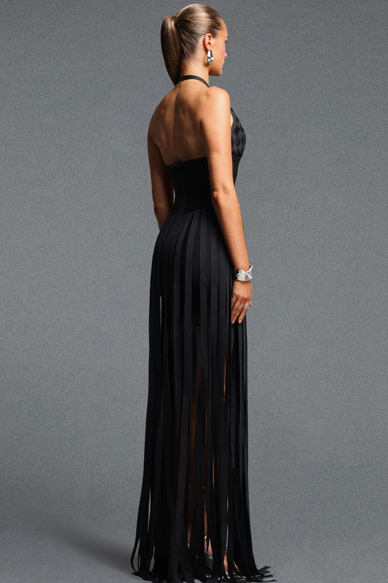 Yuco Stylish Cinched Waist Halter Tassel Bandage Maxi Dress