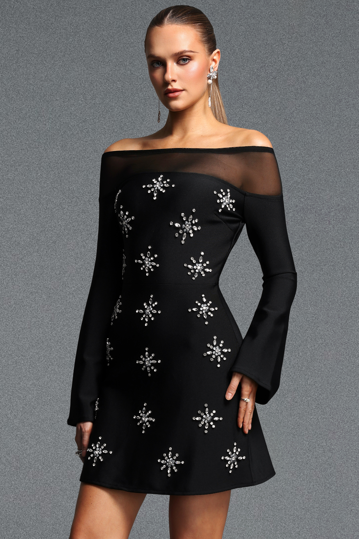 Winola Elegant Cinched Waist Off Shoulder Long Sleeve Rhinestone Mesh Spliced Bandage Mini Dress