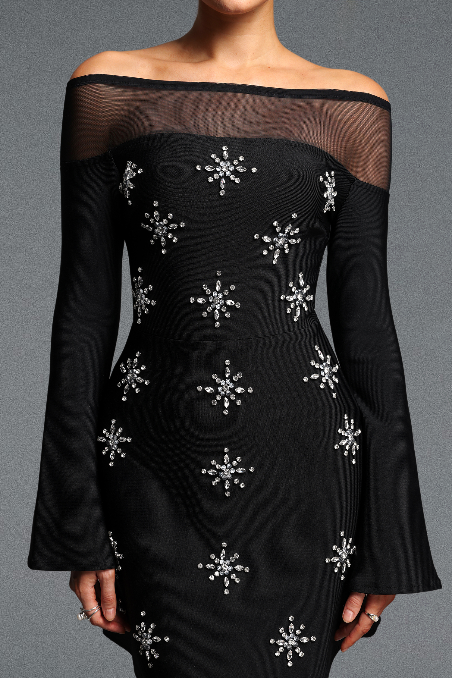 Winola Elegant Cinched Waist Off Shoulder Long Sleeve Rhinestone Mesh Spliced Bandage Mini Dress