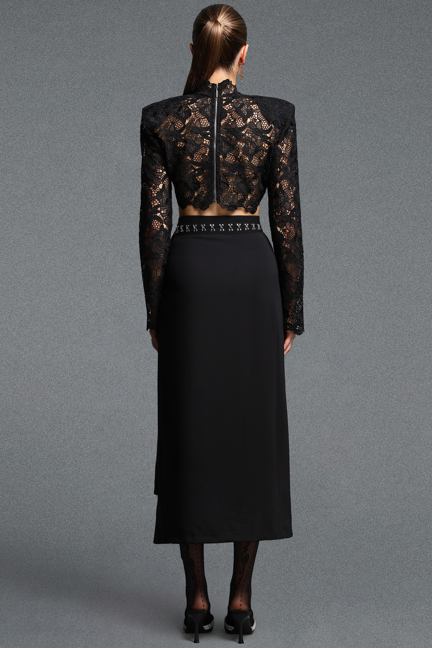 Iransa Chic Lace Top and Tie Woven Midi Skirt Two Piece Set