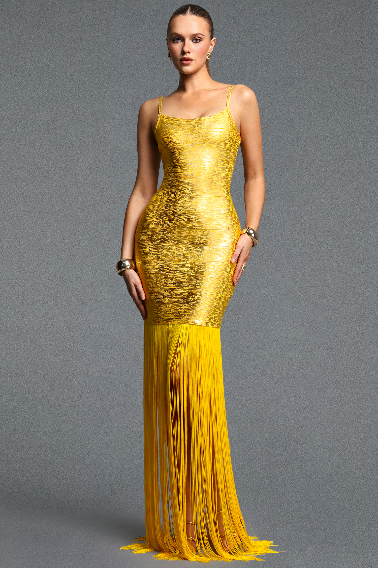 Labola Chic Contour Fringe Gold Bandage Maxi Dress