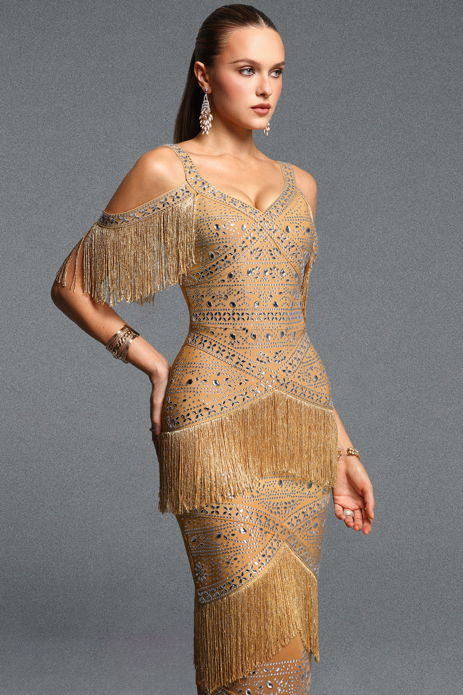Tanya Exquisite Luxe Spaghetti Strap Rhinestone Fringe Bandage Maxi Dress
