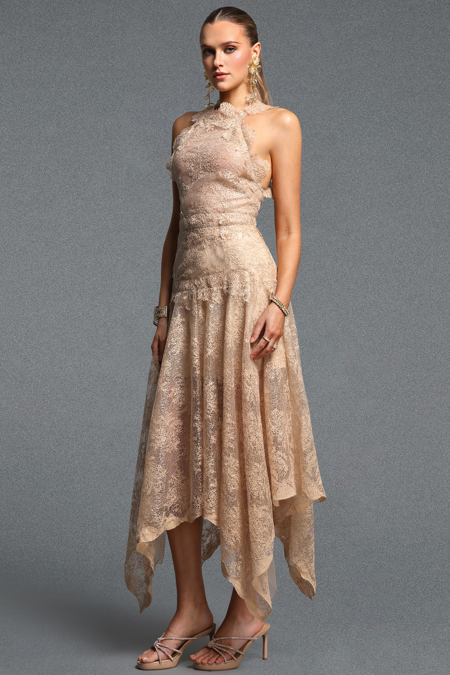 Kimaya Elegant Cinched Waist Halter Irregular Hem Lace Maxi Dress