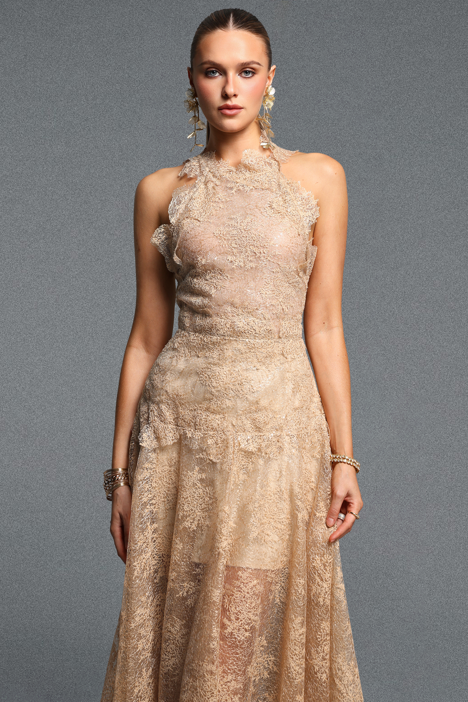 Kimaya Elegant Cinched Waist Halter Irregular Hem Lace Maxi Dress