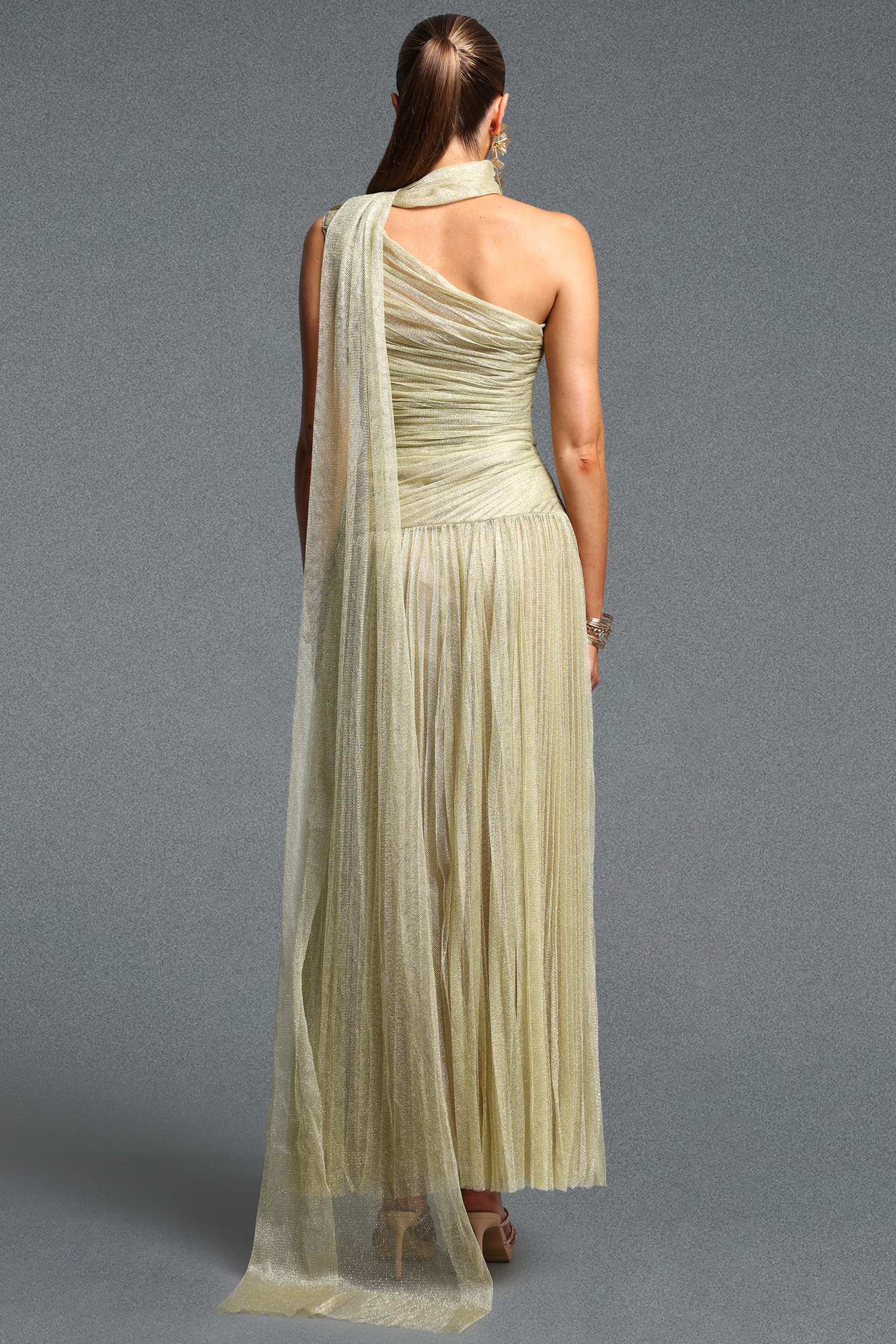 Lanla Elegant Cinched Waist Ruched Sash Mesh Woven Maxi Dress