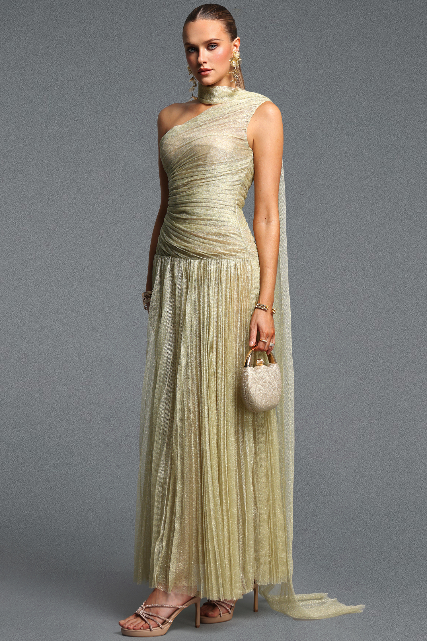 Lanla Elegant Cinched Waist Ruched Sash Mesh Woven Maxi Dress