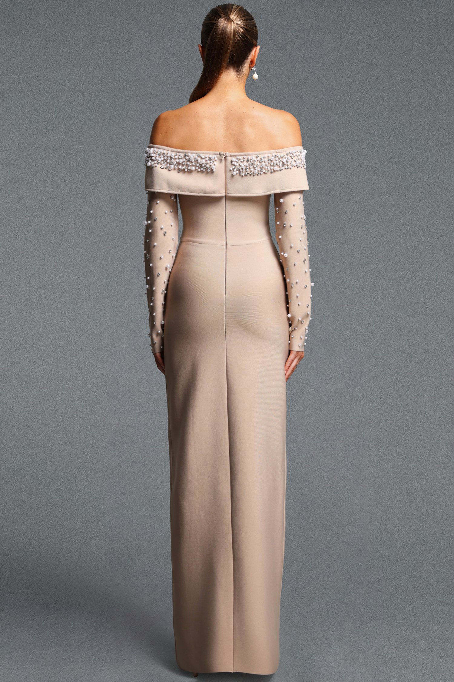 Yuri Elegant Cinched Waist Off Shoulder Long Sleeve Pearl Slit Bandage Maxi Dress