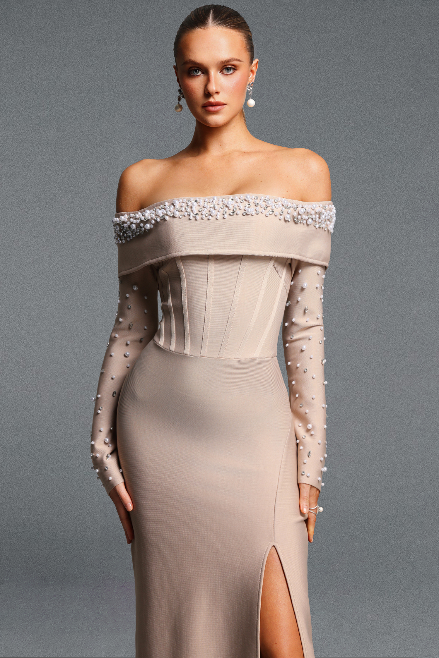 Yuri Elegant Cinched Waist Off Shoulder Long Sleeve Pearl Slit Bandage Maxi Dress