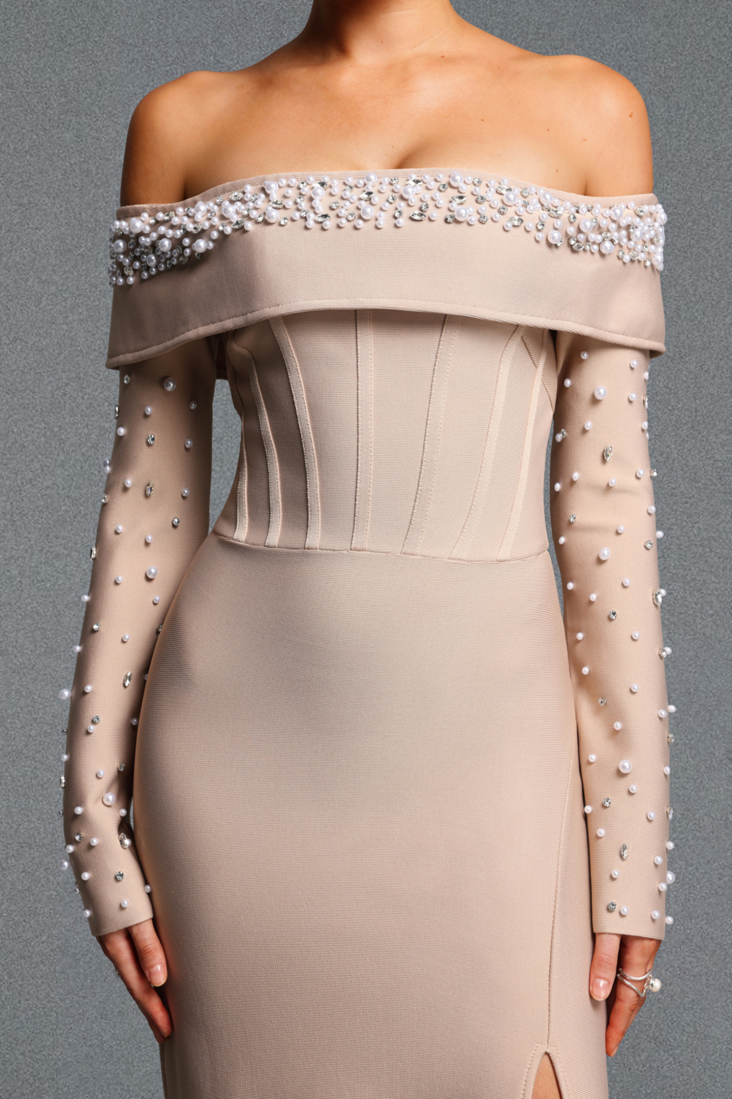 Yuri Elegant Cinched Waist Off Shoulder Long Sleeve Pearl Slit Bandage Maxi Dress