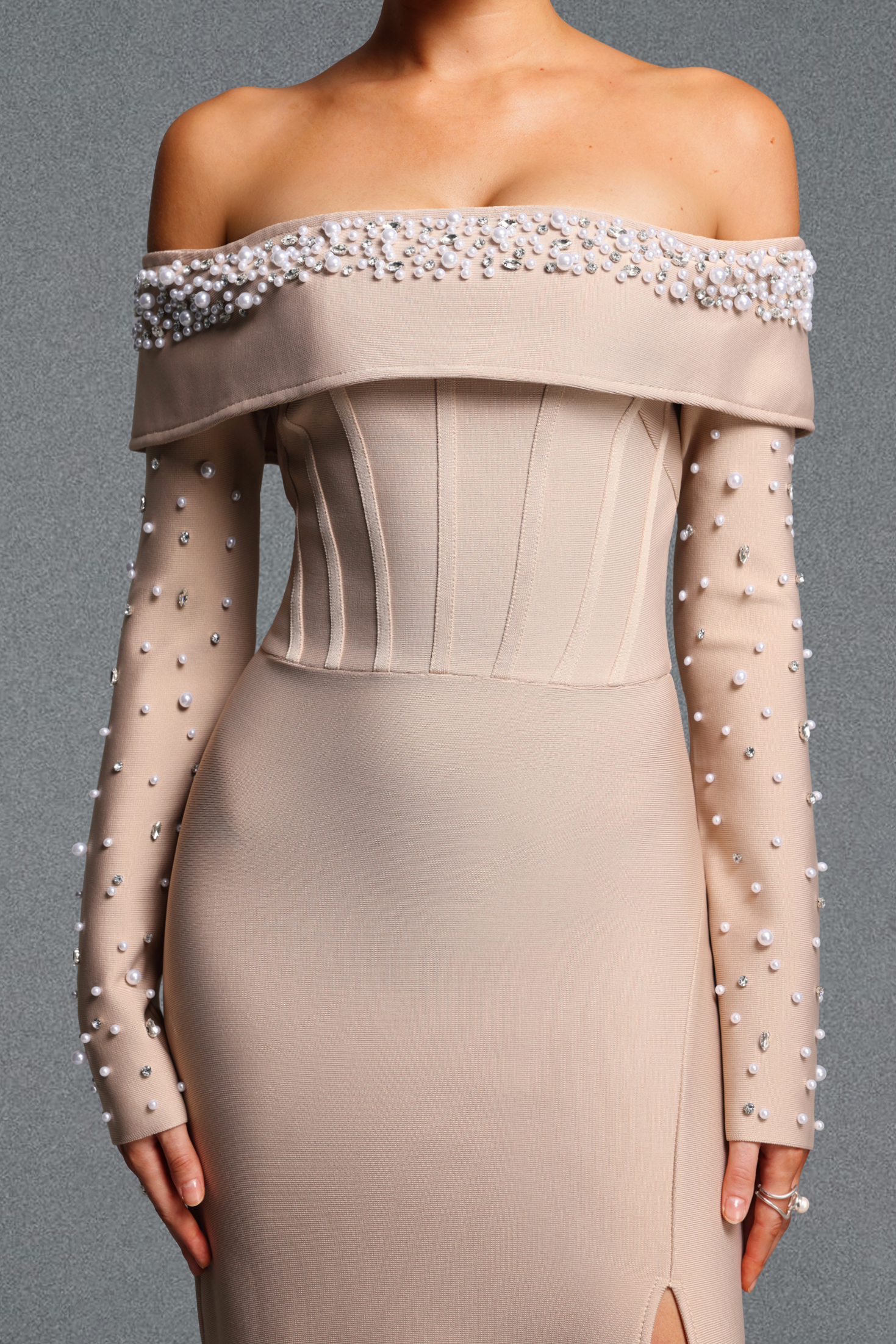 Yuri Elegant Cinched Waist Off Shoulder Long Sleeve Pearl Slit Bandage Maxi Dress