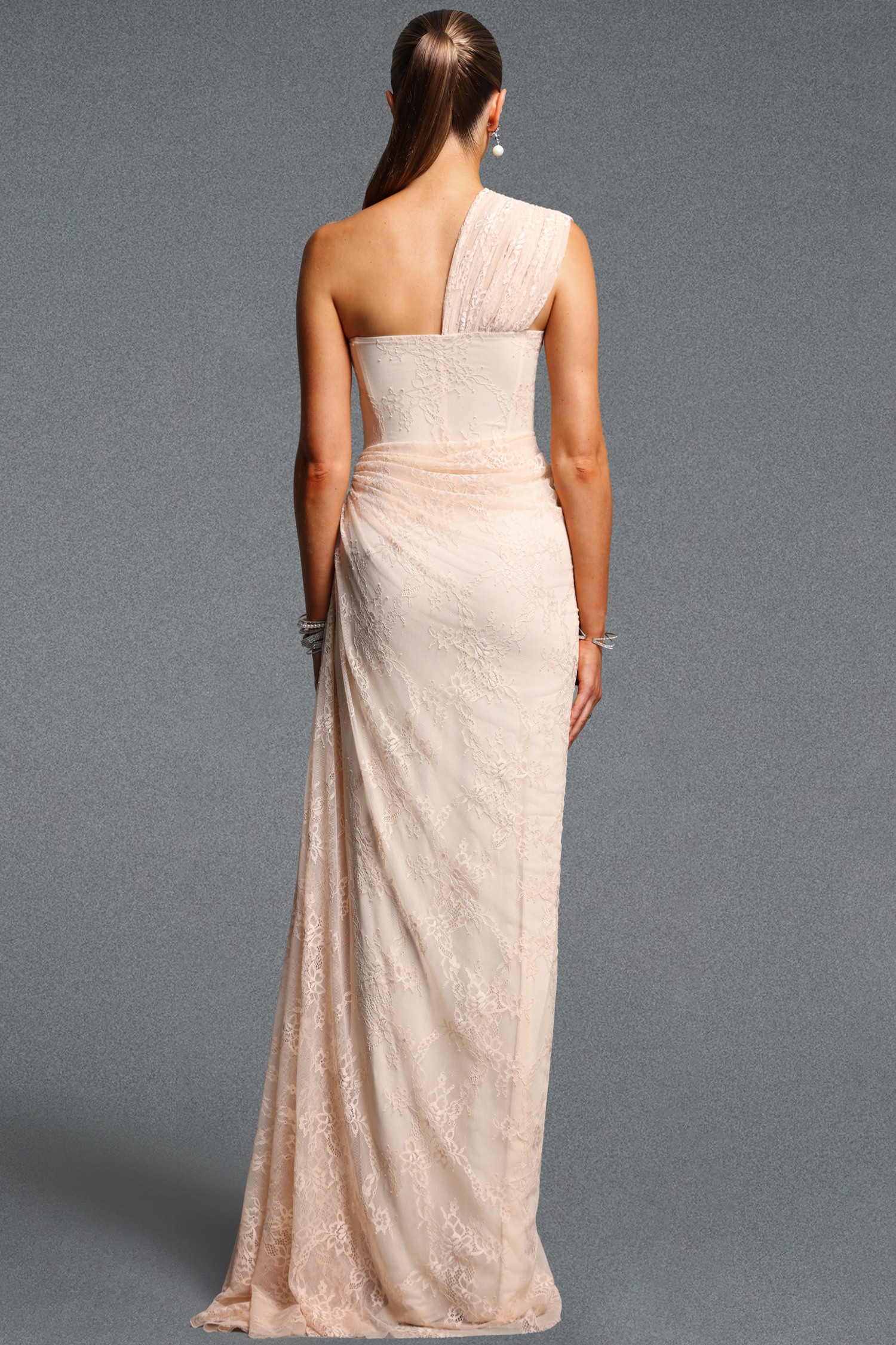 Finch Romantic Contour Sleeveless Ruched Lace Knit Nude Maxi Dress