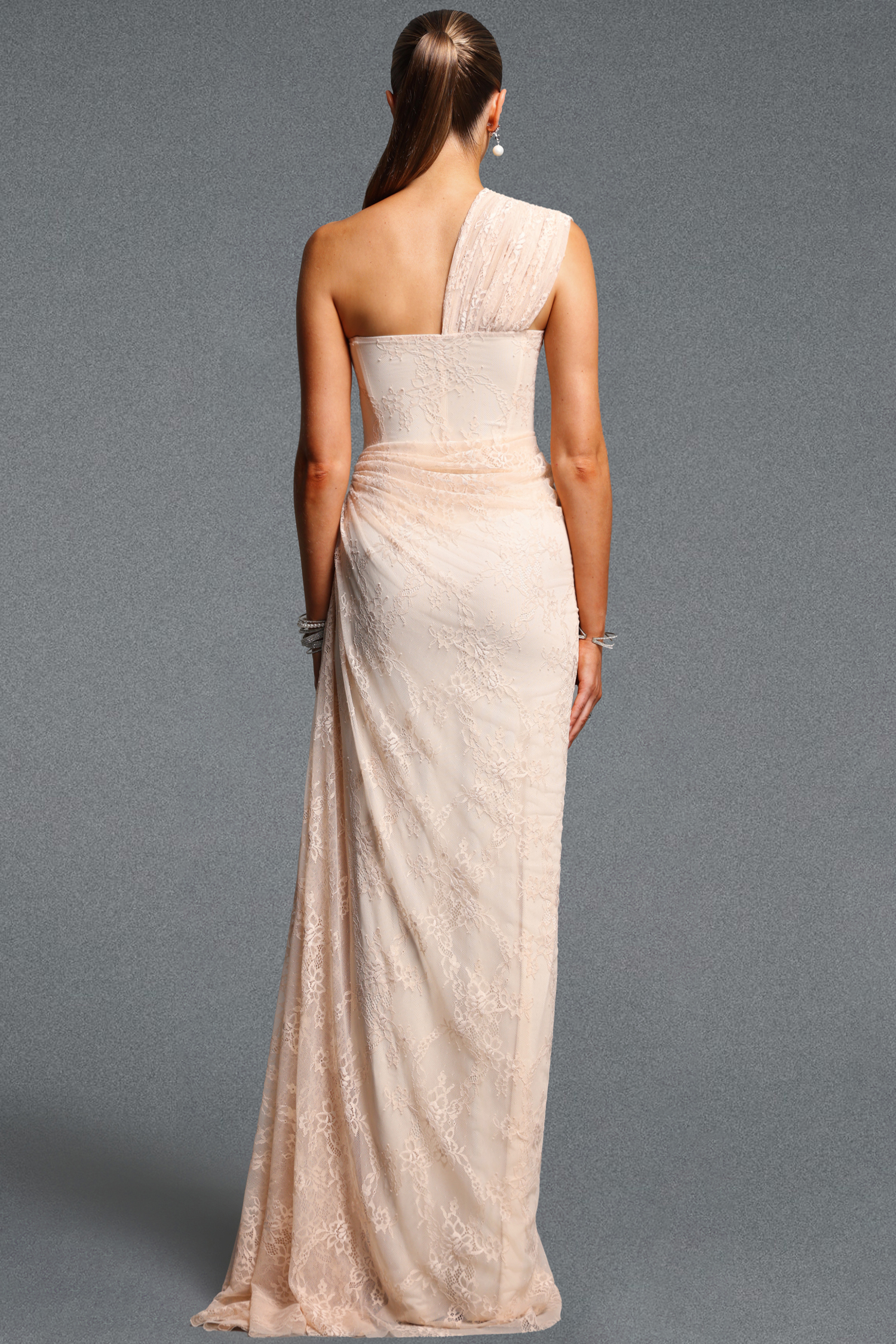 Finch Romantic Contour Sleeveless Ruched Lace Knit Nude Maxi Dress