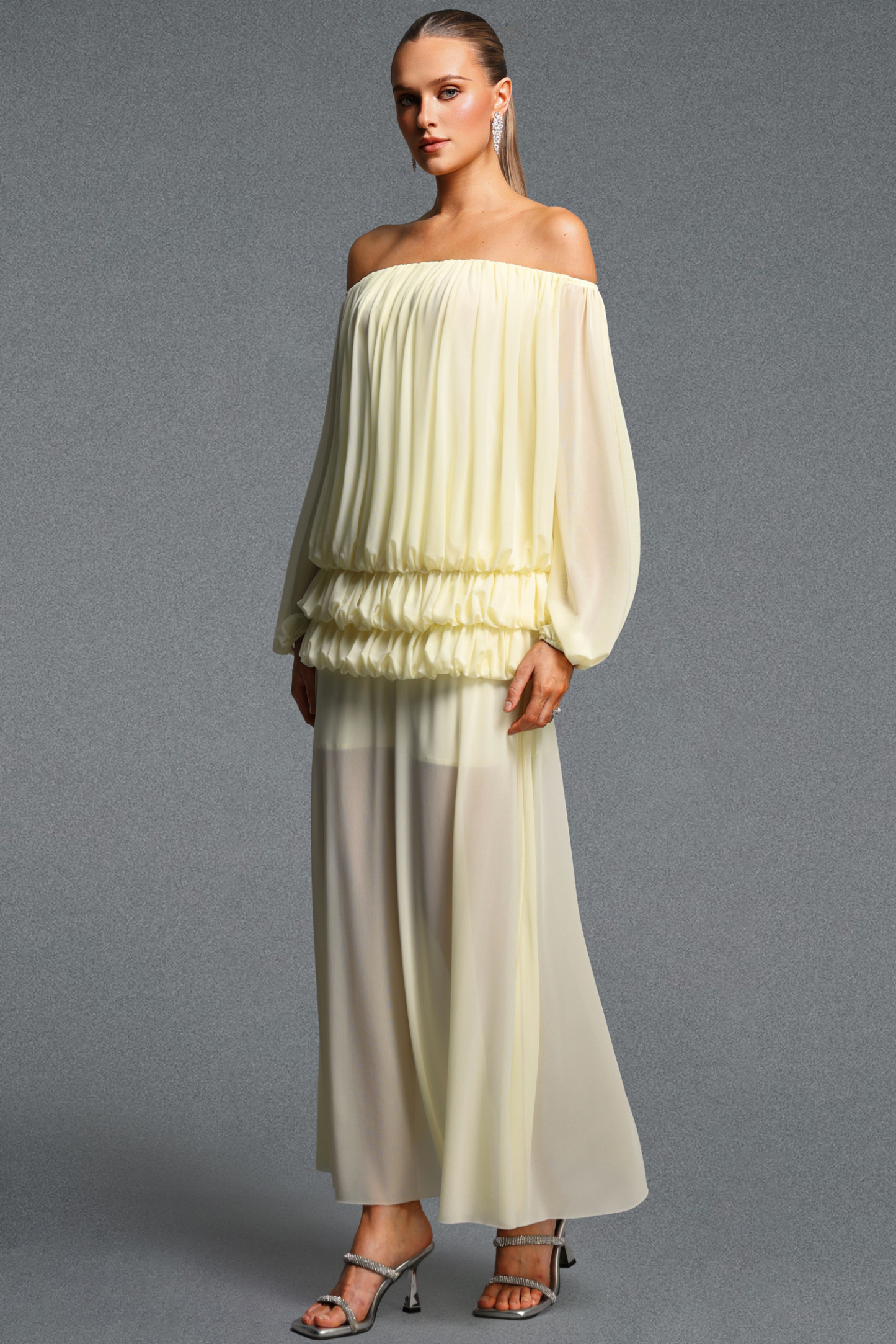Gianna Elegant Off Shoulder Long Sleeve Ruched Top Midi Skirt Knit Two Piece Set