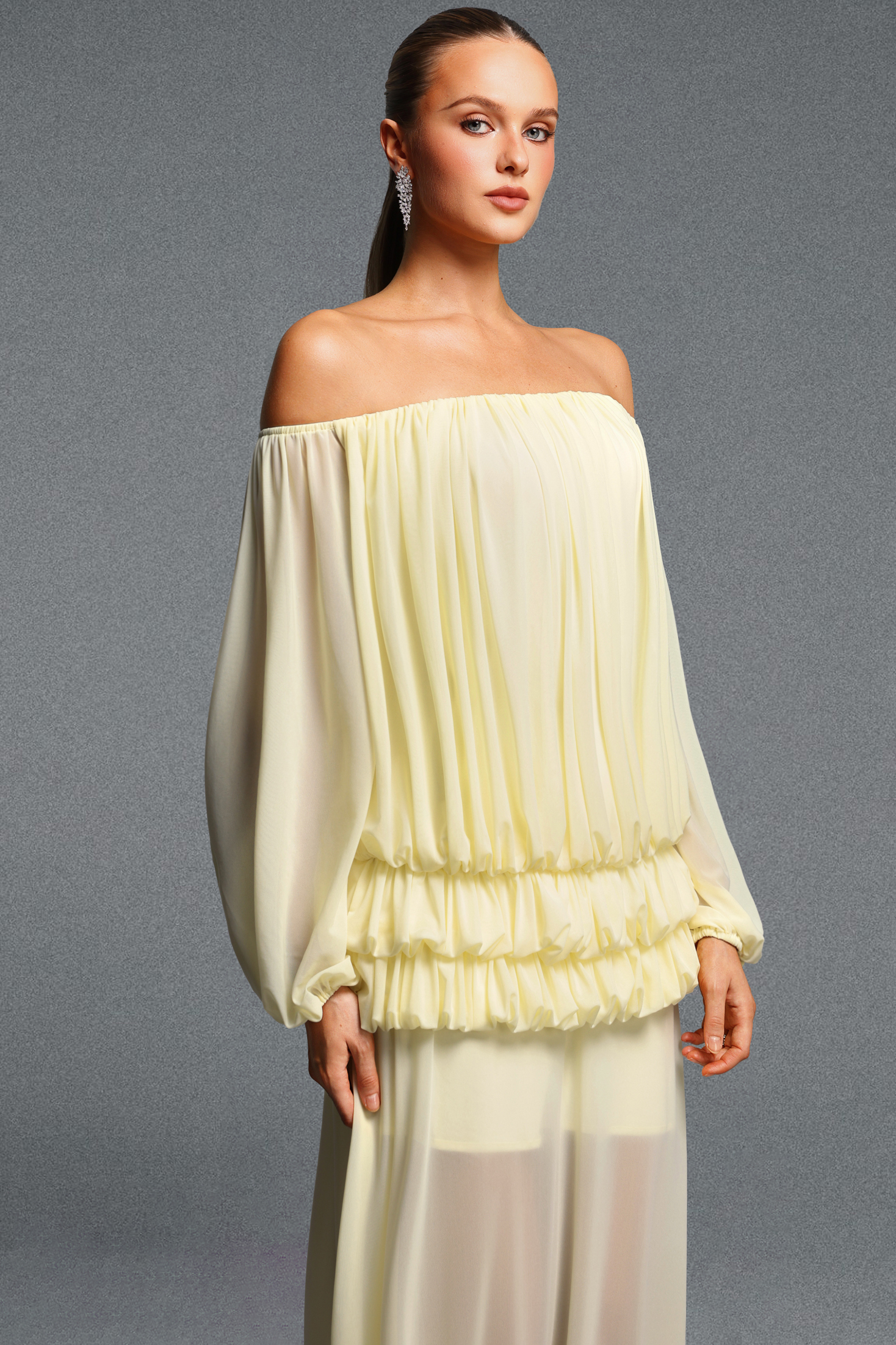 Gianna Elegant Off Shoulder Long Sleeve Ruched Top Midi Skirt Knit Two Piece Set
