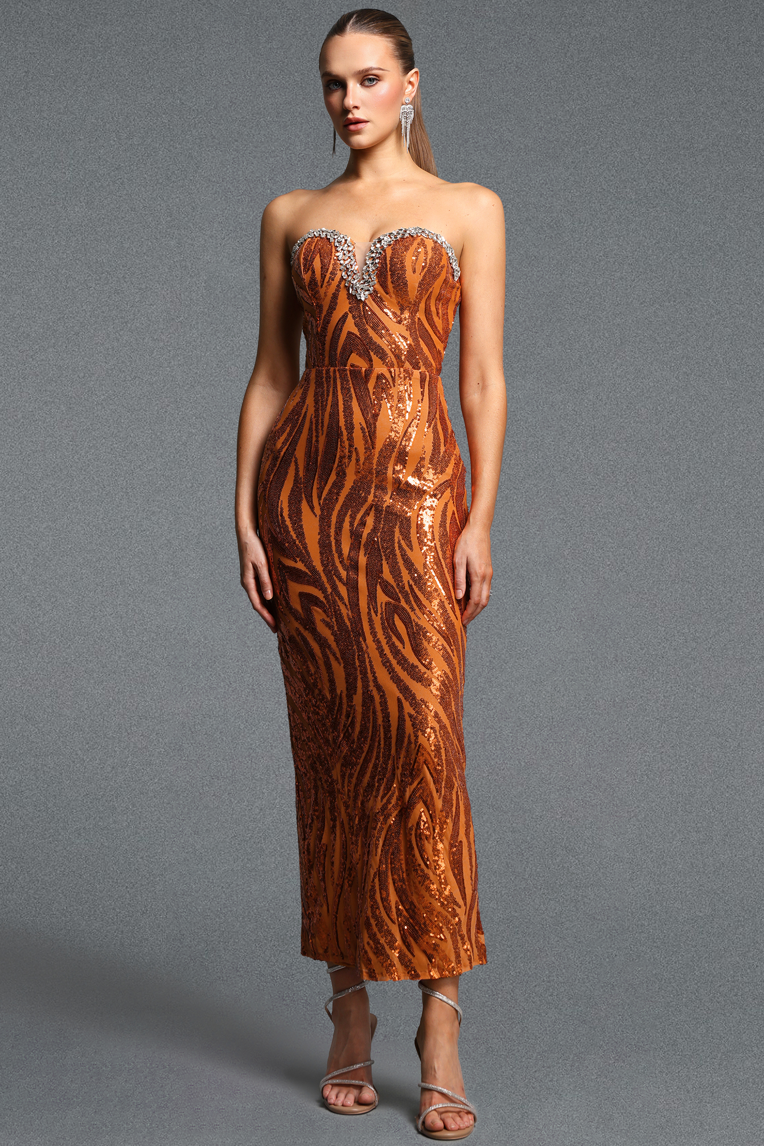 Lila Exquisite Sweet Heart Neck Rhinestone Sequin Floral Maxi Dress