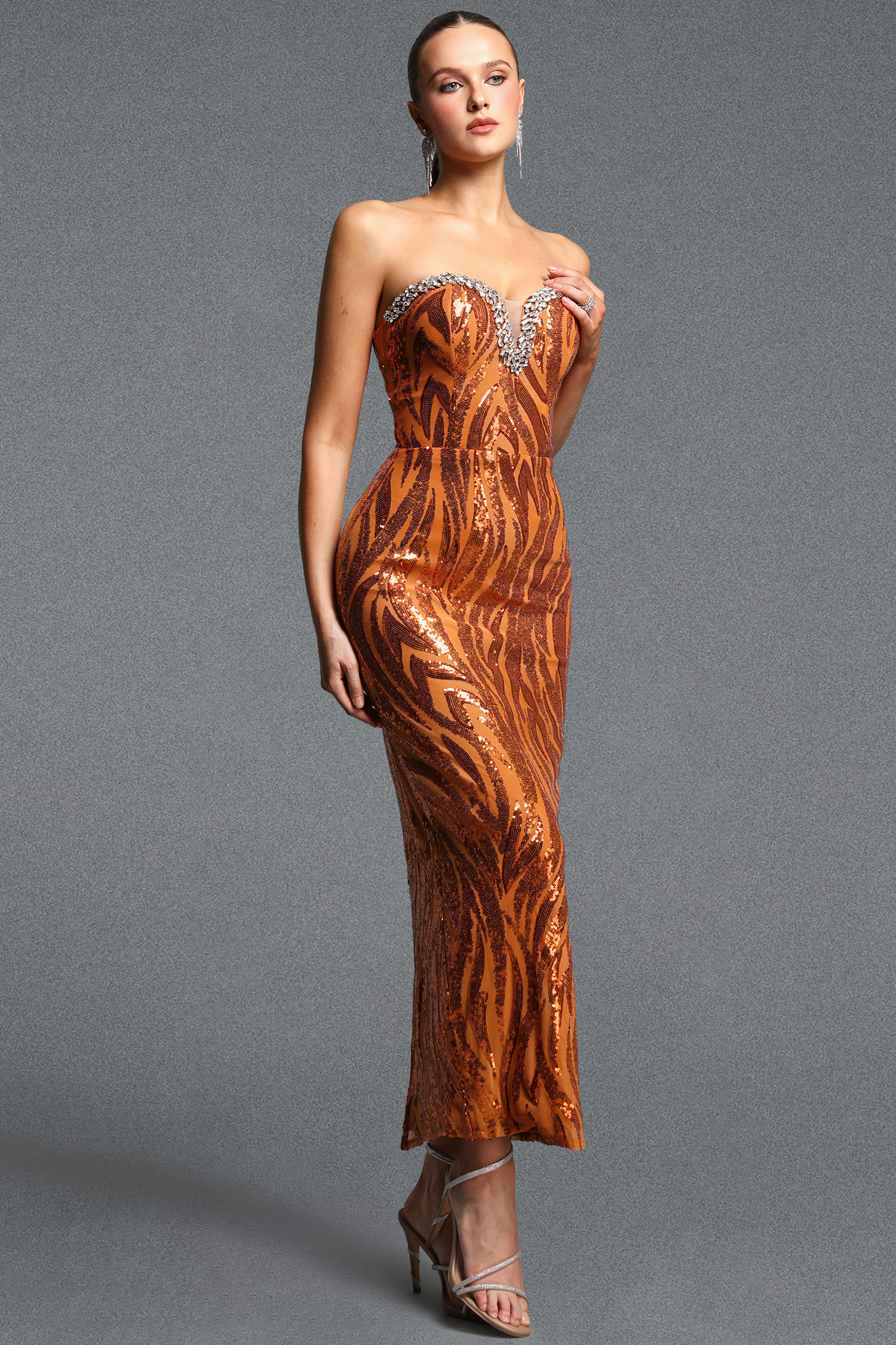 Lila Exquisite Sweet Heart Neck Rhinestone Sequin Floral Maxi Dress