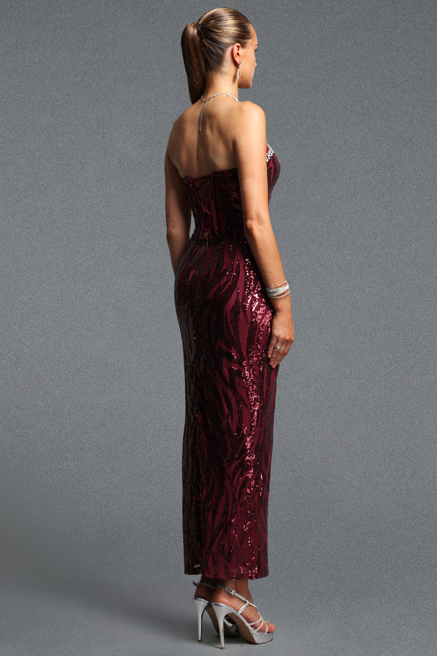 Lila Exquisite Cinched Waist Sweet Heart Neck Rhinestone Sequin Floral Maxi Dress