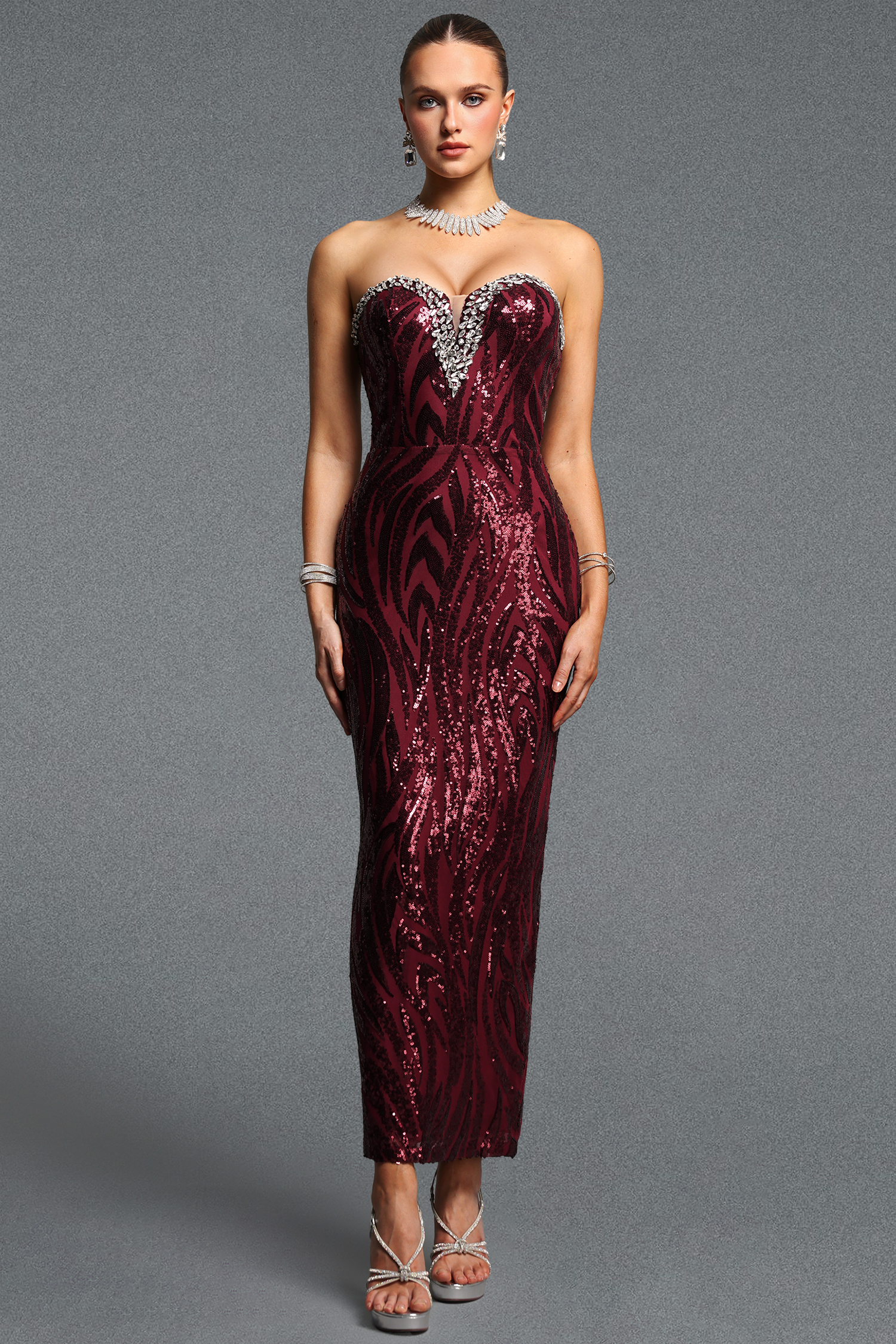 Lila Exquisite Cinched Waist Sweet Heart Neck Rhinestone Sequin Floral Maxi Dress