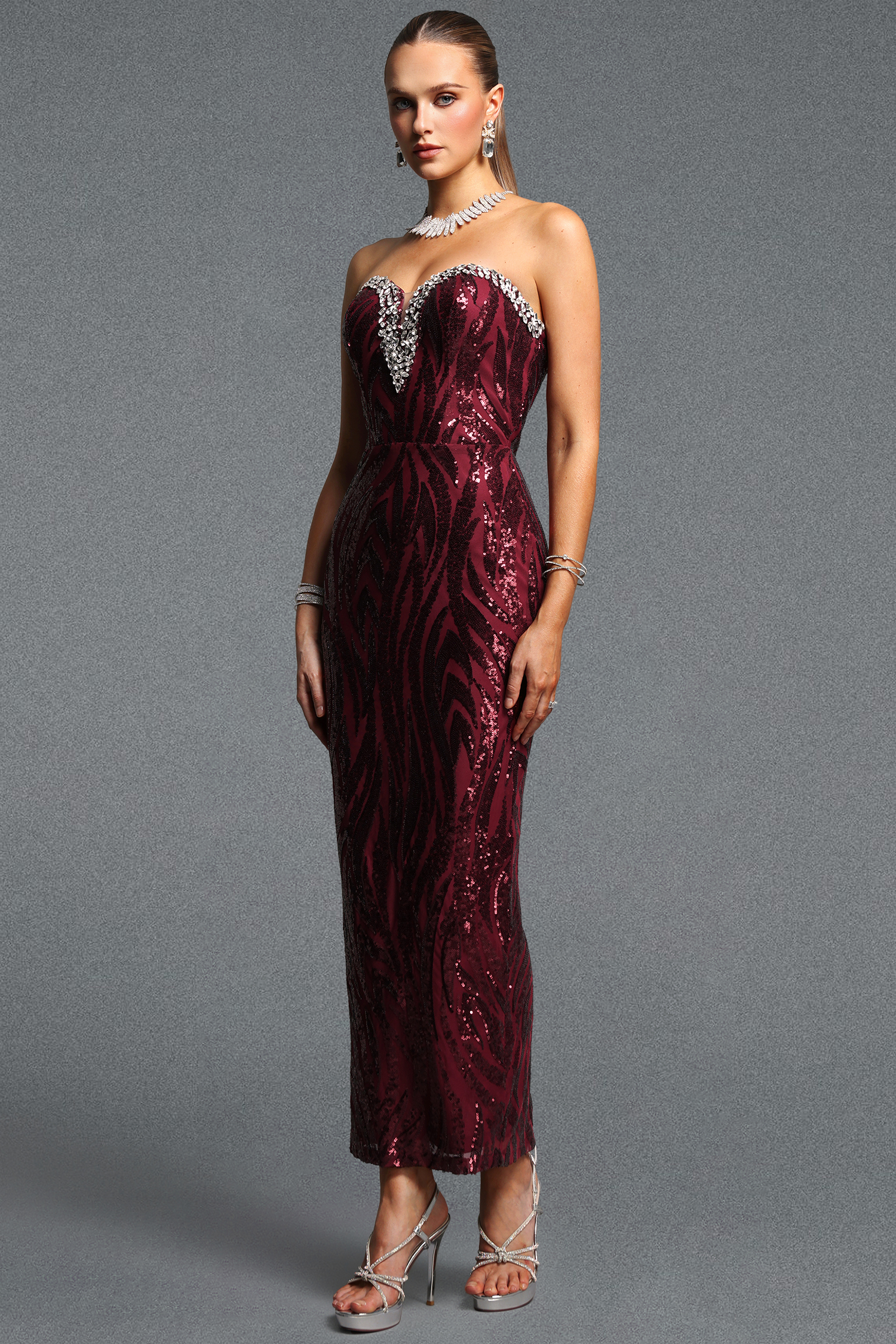 Lila Exquisite Cinched Waist Sweet Heart Neck Rhinestone Sequin Floral Maxi Dress