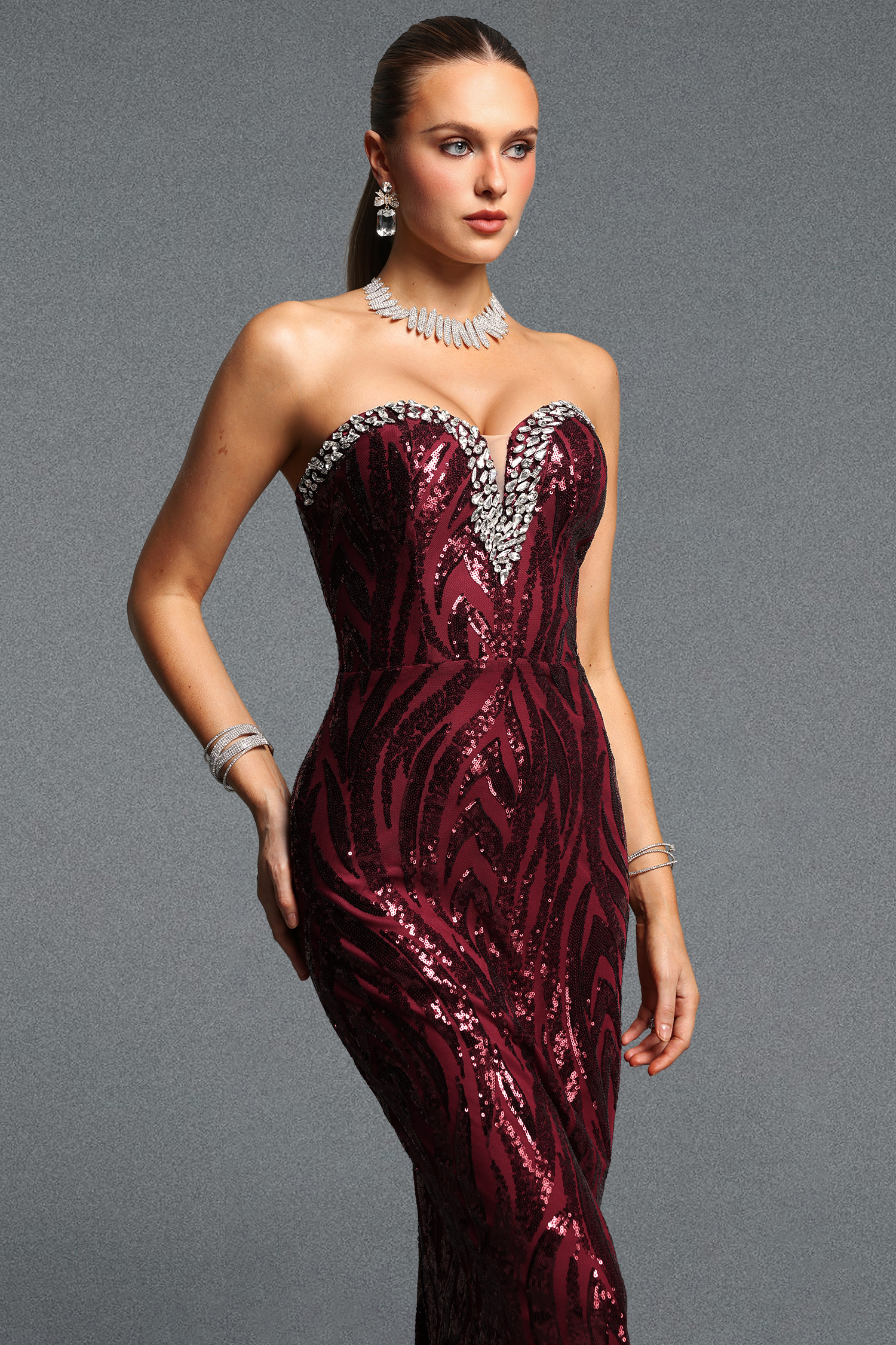 Lila Exquisite Cinched Waist Sweet Heart Neck Rhinestone Sequin Floral Maxi Dress