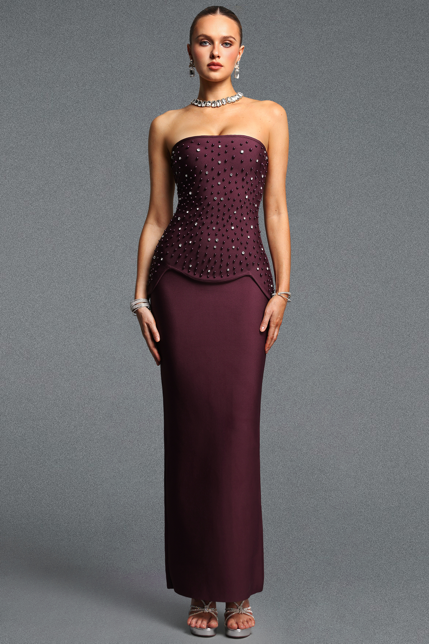 Yette Chic Contour Strapless Beaded Bandage Maxi Top and Skirt Set