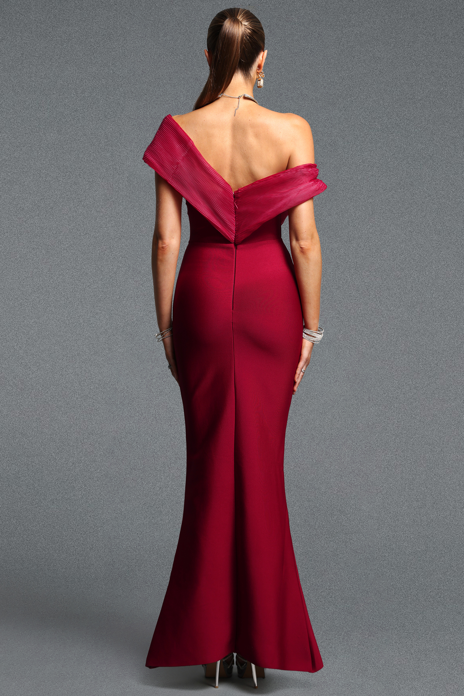 Lola Elegant Cinched Waist Heart Off Shoulder Rhinestone Mermaid Bandage Maxi Dress