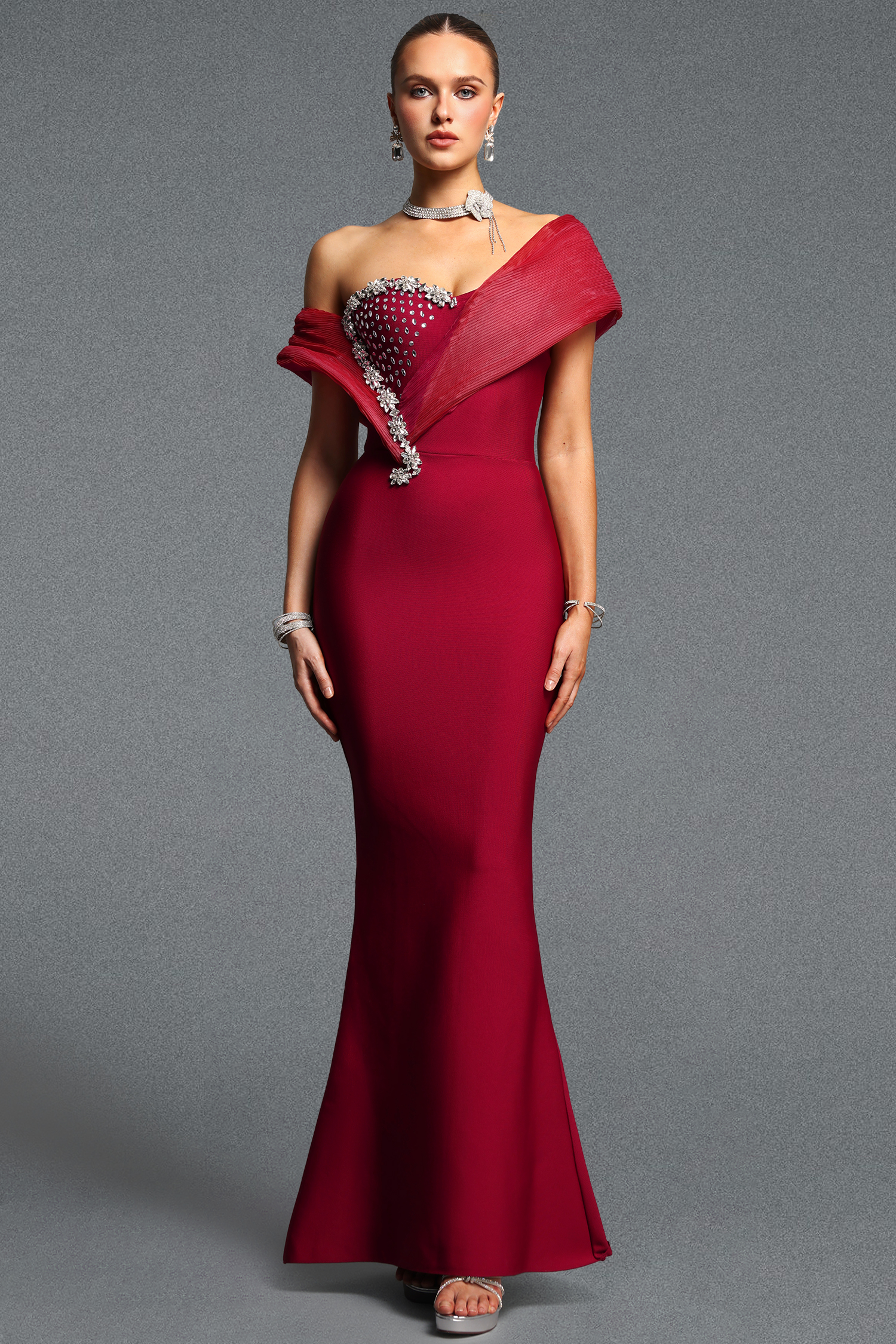 Lola Elegant Cinched Waist Heart Off Shoulder Rhinestone Mermaid Bandage Maxi Dress