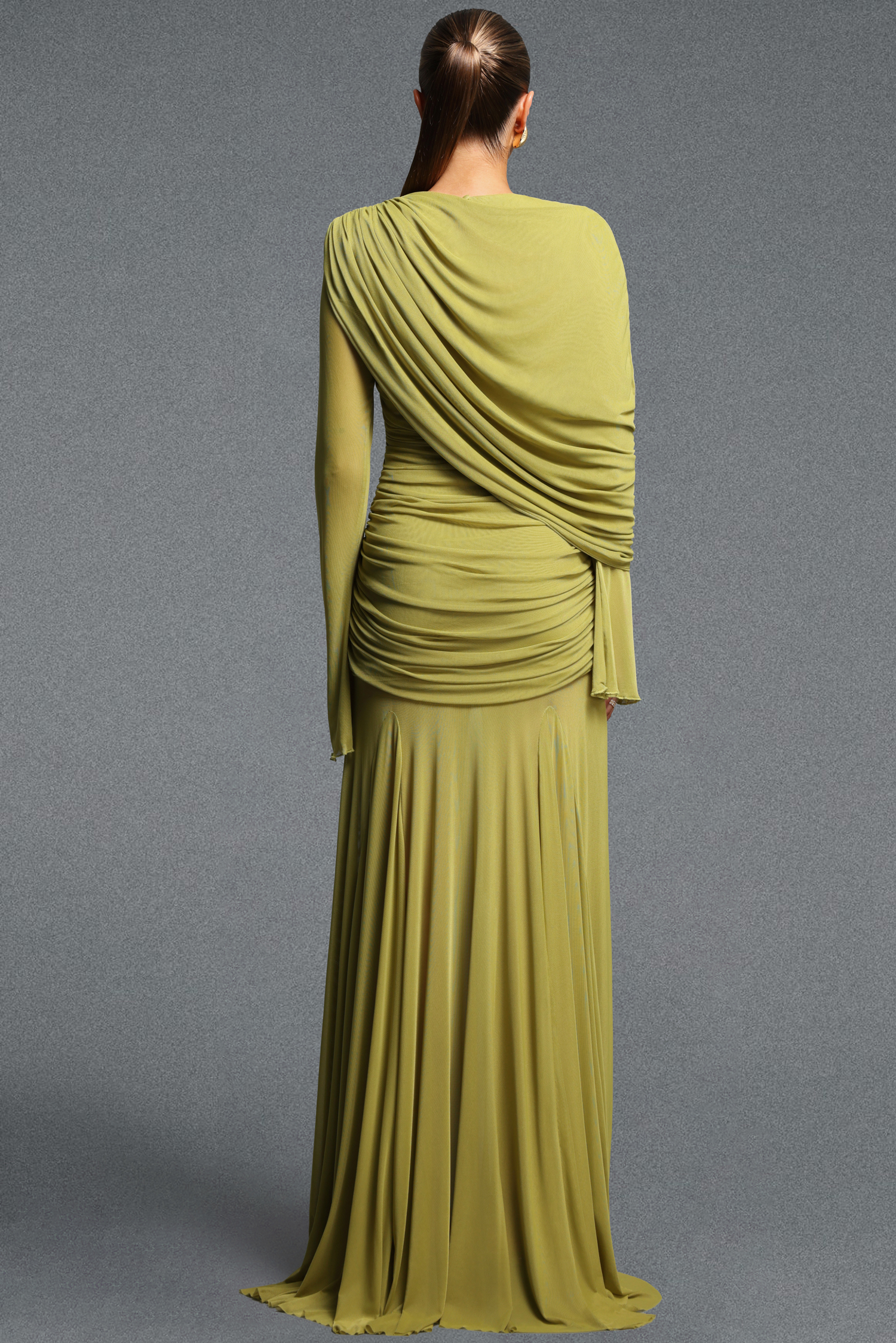 Xapana Romantic Cinched Waist Long Sleeve Ruched Knit Maxi Dress