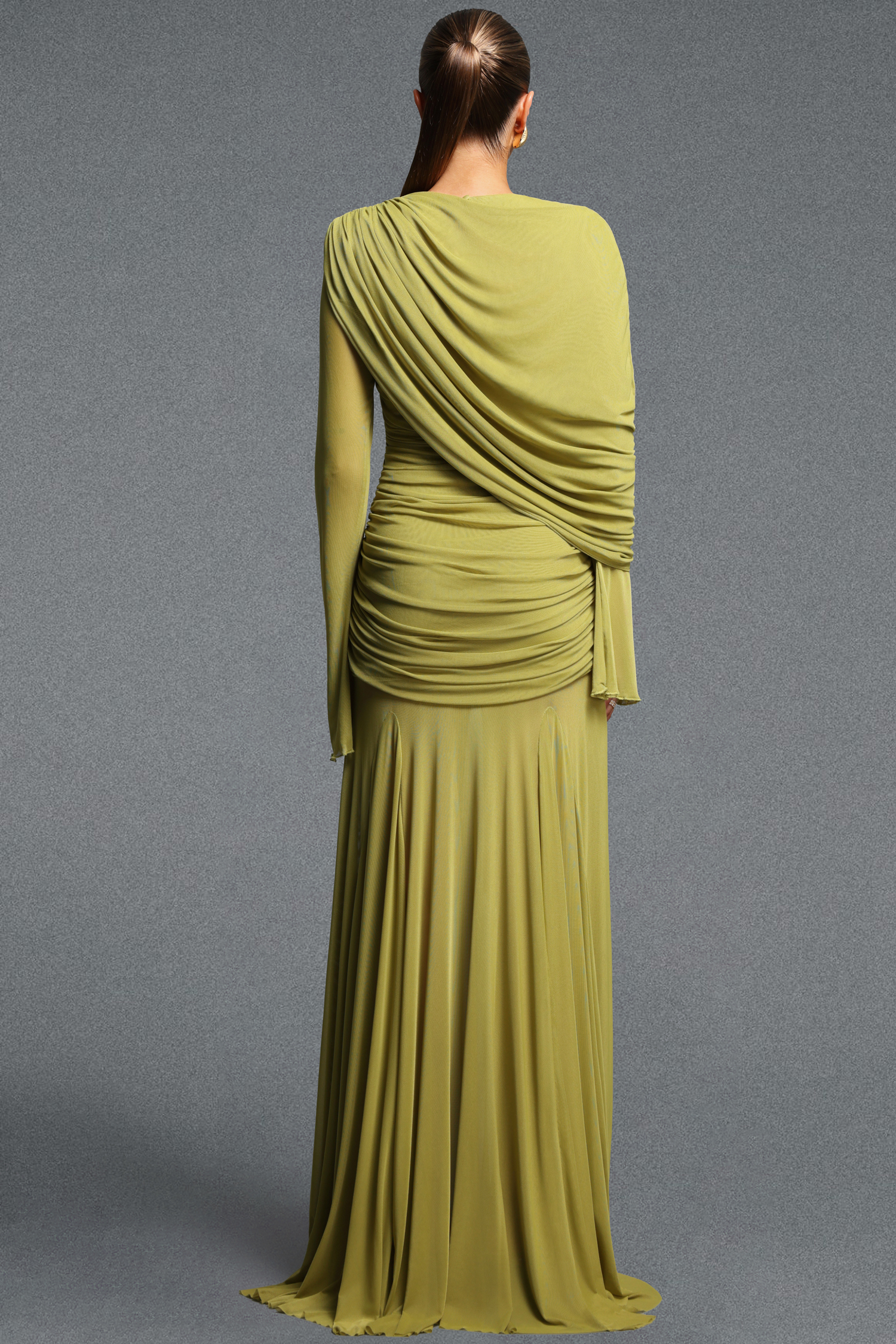 Xapana Romantic Cinched Waist Long Sleeve Ruched Knit Maxi Dress