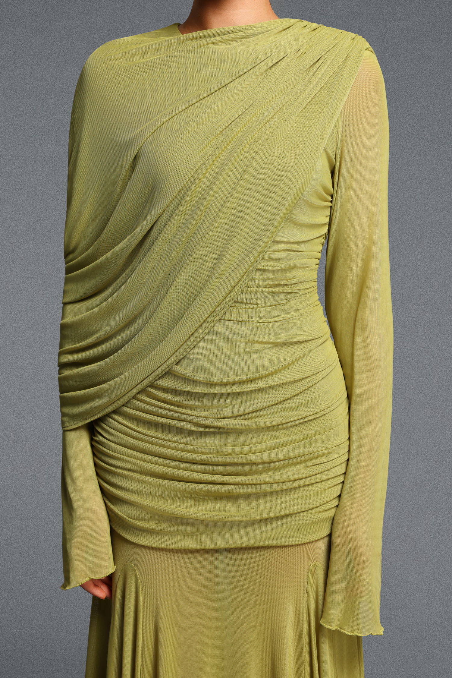 Xapana Romantic Cinched Waist Long Sleeve Ruched Knit Maxi Dress
